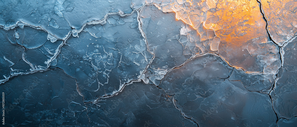 Aufkleber Intricate frost patterns on window create stunning display of ice formations, highlighted by warm glow