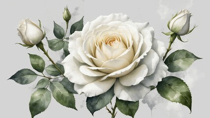 White rose and buds realistic watercolor painting on gray background with copy space