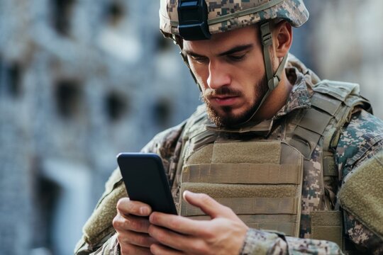 Army soldier engaged in social cyber warfare while using a smartphone in a conflict zone during a military operation - Powered by Adobe