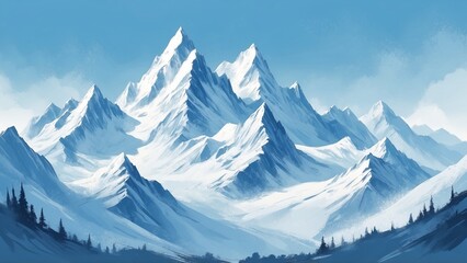 Majestic snowy mountain range digital painting with blue tones and clear sky