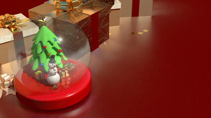The Snow man in glass ball and gift box for holiday and celebration  concept 3d rendering.
