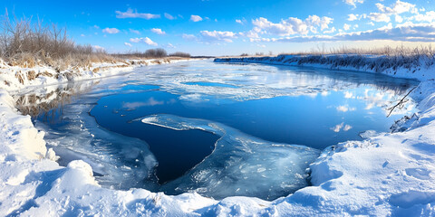 frozen river reflects winter sky, creating peaceful and serene landscape with snow covered banks and clear blue water under bright sky