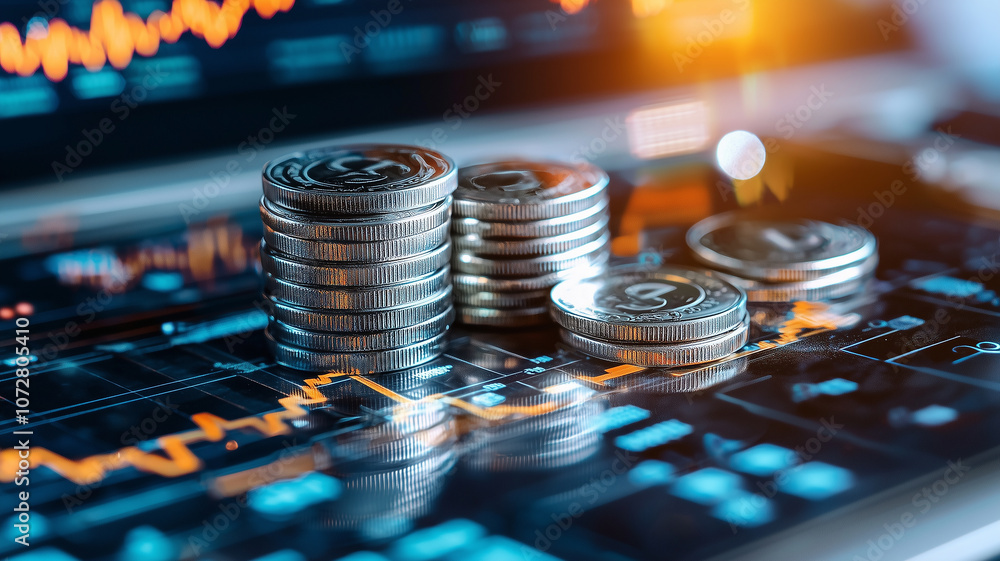 Poster stacks of coins on financial chart symbolize economic growth and investment strategies. image reflec