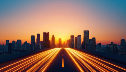 Fototapeta premium A vibrant sunset lights up a city skyline, with a long road leading towards the horizon, symbolizing journey and urban life.