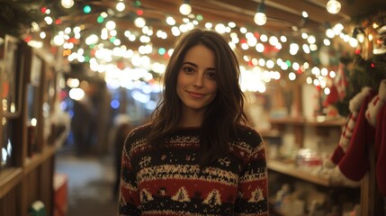 Fototapeta premium Woman in Festive Sweater Under Christmas Lights