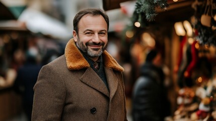 A Smiling Man Wearing a Brown Coat with Fur Trim at a Christmas Market