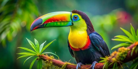 Fototapeta premium Portrait of a Vibrant Keelbilled Toucan in the Lush Rainforest of Puerto Viejo, Costa Rica, Showcasing the Beauty of Nature Near Playa Cocles