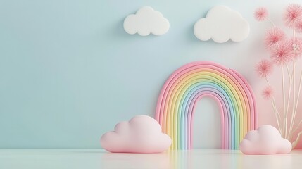 Gentle rainbow doodles and clouds in pastel tones floating on a minimalist background evoke a dreamy, cozy vibe with space for captions
