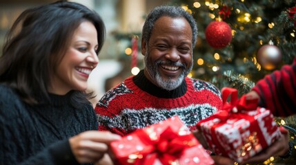 A Smiling Couple Exchange Christmas Gifts in Front of a Decorated Tree