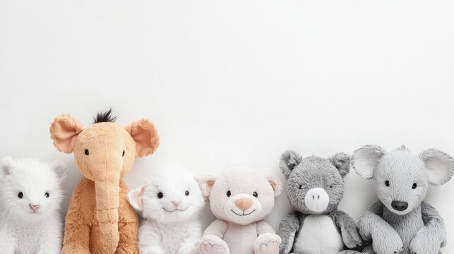 Soft pastel baby animals with friendly expressions on a clean white background creating a cute and cozy vibe ideal for kids themes with ample space for text