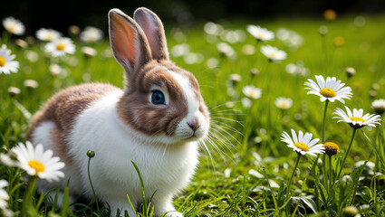 Fototapeta premium A close-up of a sweet, young Eastern Cottontail Rabbit nestled in lush green grass