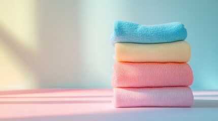 A neatly stacked pile of pastel-colored, knitted sweaters set against a soft gradient background, creating a cozy and minimalist aesthetic.
