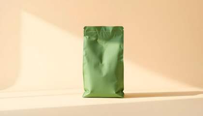 Green pouch bag mockup neutral beige background monochrome. Blank emerald recycled paper pack coffee beans advertising copy space. Packaging template food delivery matcha tea product merchandise sho