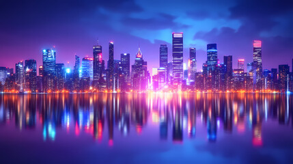 Fototapeta premium Futuristic cityscape with neon lights reflecting on water at night. Utopia. Illustration