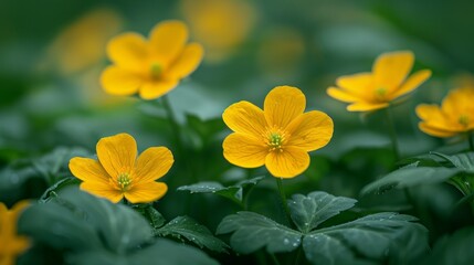 Fototapeta premium Close-up of vibrant yellow flowers blooming in a lush green meadow.