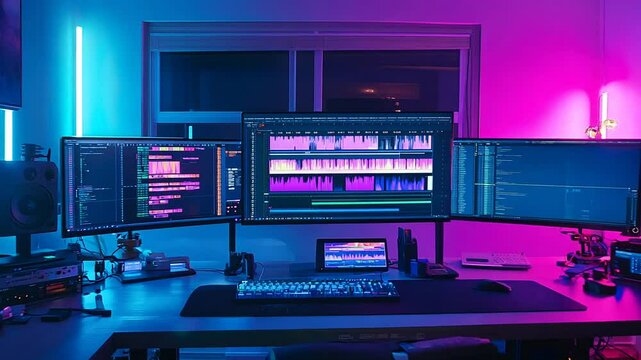 Modern workstation with multiple monitors displaying video editing and programming software in neon-lit room.