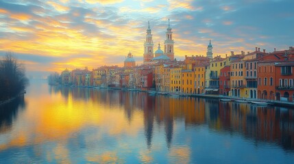 Obraz premium Scenic sunset over a colorful riverside cityscape.