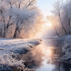 A serene winter landscape with frosted trees and a reflective river at sunrise.