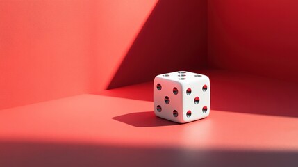 A white die with black dots casting a shadow on a minimalist red and pink background, celebrating National Dice Day.