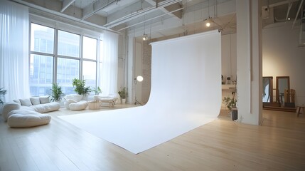 Fototapeta premium Capture a well-lit photographic studio featuring a pristine white backdrop paper roll neatly hung, with soft lights positioned to create even illumination. The scene should evoke a professional and