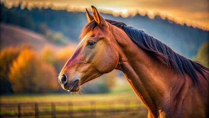 Profile of a Majestic Brown Horse Captured in the Rule of Thirds, Showcasing Its Graceful Features and Natural Beauty Against a Soft Focused Background
