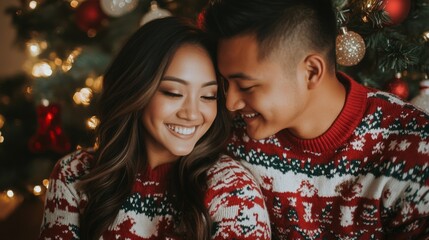Couple in Matching Christmas Sweaters by a Decorated Tree