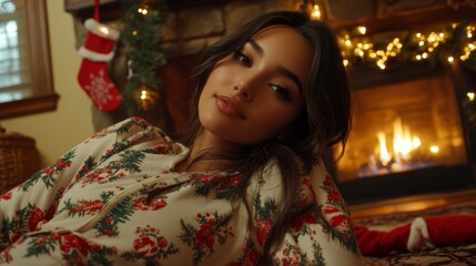 Fototapeta premium Woman in Festive Pajamas by a Christmas Fireplace