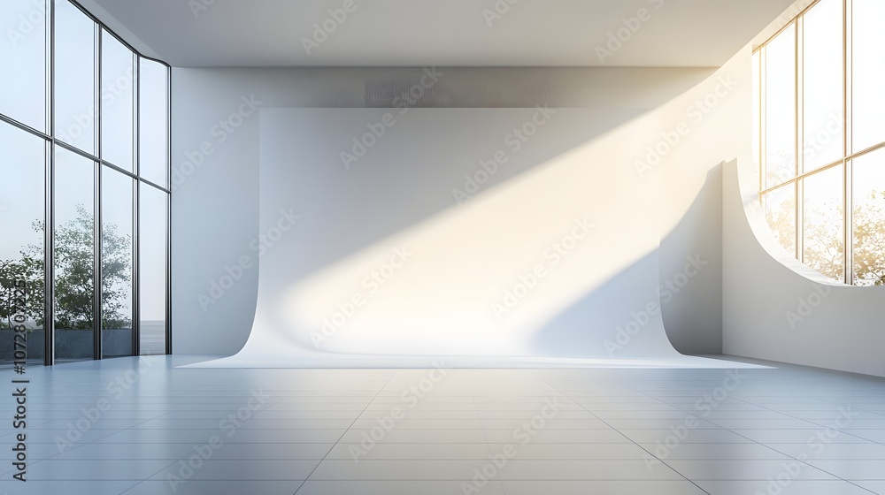 Aufkleber design a bright photographic studio with a large white backdrop paper roll that seamlessly blends in