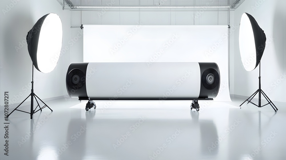 Aufkleber design a bright photographic studio with a large white backdrop paper roll that seamlessly blends in