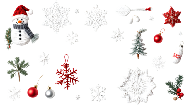 Festive Christmas decorations frame a white background, perfect for holiday greetings isolated on transparent white background, png - Powered by Adobe