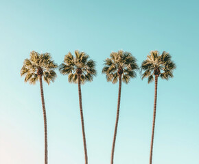 Green tropical palm trees row against blue sunny sky nature background