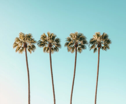 Green tropical palm trees row against blue sunny sky nature background