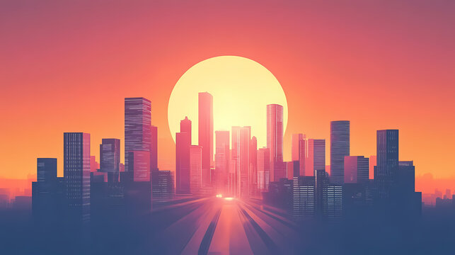 Geometric abstraction illustration of a futuristic city of the future at sunset. the concept of an unusual utopia or an alternative reality. Utopia. Illustration