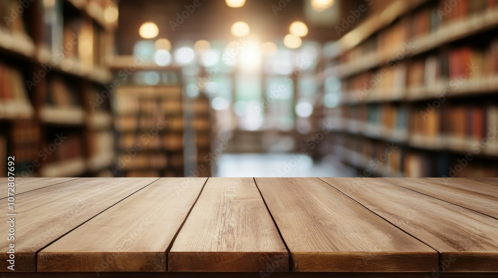 Poster empty wooden table in front of a blurred bookshelves background in a library.