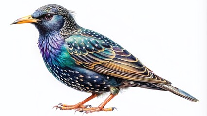 Obraz premium Realistic Watercolor Illustration of a Starling Bird on a White Background, Showcasing the Beautiful Sturnus vulgaris in Its Natural Forest and Park Habitat