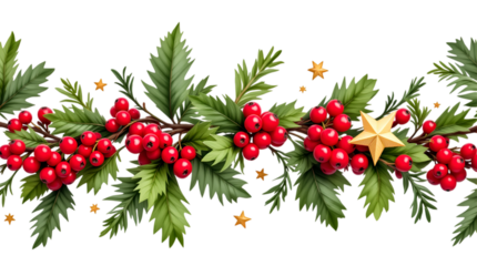 Festive Christmas garland with holly berries and golden stars isolated on transparent white background, png