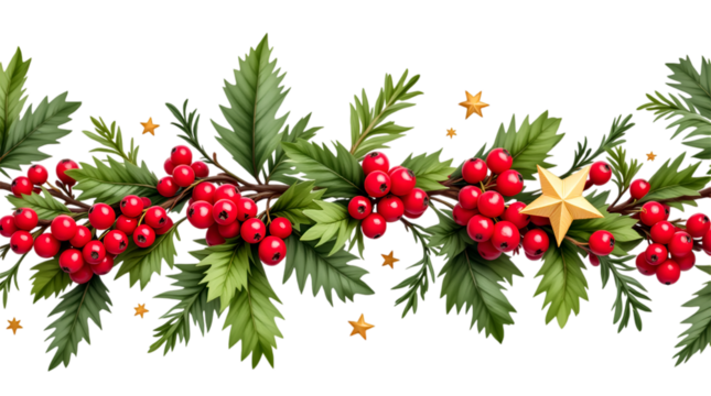 Festive Christmas garland with holly berries and golden stars isolated on transparent white background, png
