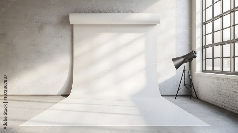 Poster create a sleek and modern photographic studio with a smooth white backdrop paper roll and contempora