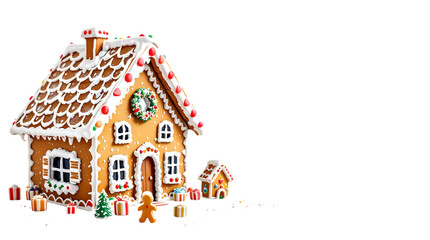 Festive Gingerbread House with Christmas Decorations isolated on transparent white background, png