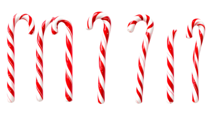 Six assorted sizes of traditional Christmas candy canes, with their signature red and white stripes and hooked tops, arranged in a row against a clean white background, png 