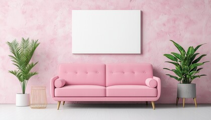 A stylish pink sofa against a textured pink wall with decorative plants and a blank canvas.