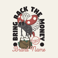 retro cartoon emblem of lady bug carrying bag of money