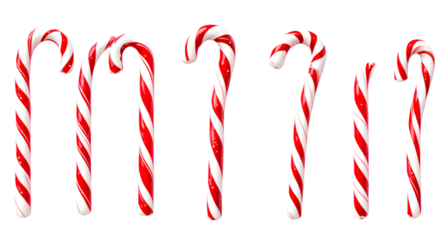Six assorted sizes of traditional Christmas candy canes, with their signature red and white stripes and hooked tops, arranged in a row against a clean white background, png 