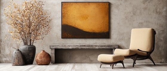 Elegant interior with minimalist design featuring art, furniture, and decorative plants.