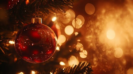 A Red Glitter Christmas Ornament Hanging on a Christmas Tree