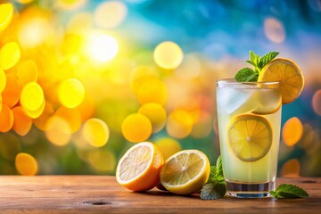 Fototapeta premium Refreshing Glass of Lemonade with Slice on Top Perfectly Positioned for Summer Vibes and Beverage Promotions Featuring Bright Colors and Inviting Copy Space