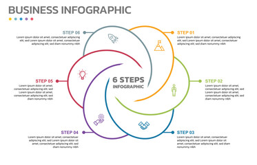 Visual data presentation. Cycle diagram with 6 options. Pie Chart Circle thin line infographic template with 6 steps, options, parts, segments. Business concept. Marketing infographic outline style.