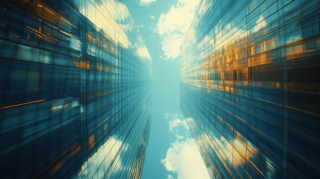 A modern glass skyscraper reflecting clouds and the surrounding cityscape, symbolizing the strength and reach of the global banking industry.