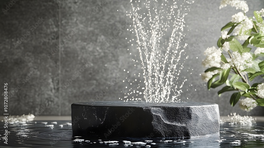 Poster create a serene atmosphere featuring a matte black stone podium with gentle water splashes envelopin