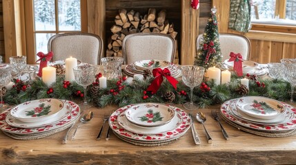 Fototapeta premium Festive Christmas Table Setting with Red Accents and Candles